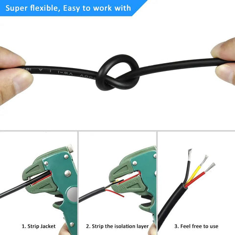 18 Gauge 3 Conductor Electrical Wire 32.8 Ft Black Stranded Low Voltage Cable flexibility and stripping process