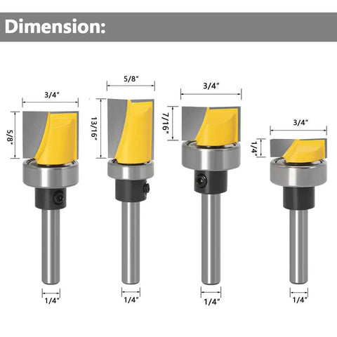 Four Piece Quarter Inch Shank Hinge Mortising Flush Trim Template Router Bit Set With Ball Bearing Carbide Tipped