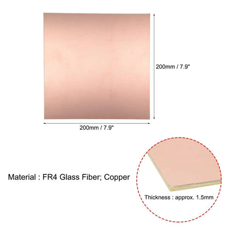 Image of Double Sided Copper Clad FR4 PCB Circuit Board 200x200mm 1.5mm thick with material details in a pack of 10 for DIY prototyping.