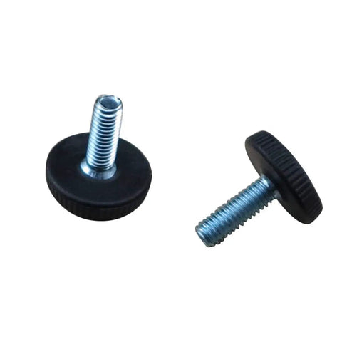 20 Pack Adjustable Furniture Leveling Feet With M8 Threaded Screws showing two leveling feet with black rubber base and metal screw.