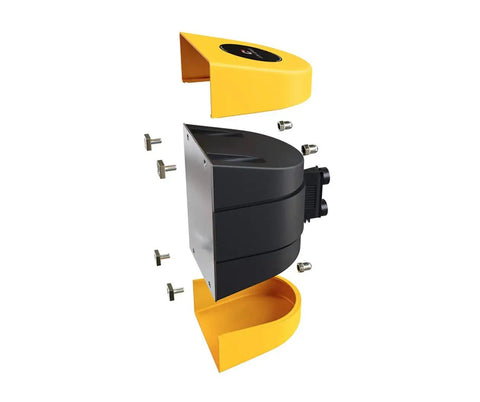 Magnetic Wall Mount Retractable Belt Barrier For Crowd Control In Tight Spaces No Fuss Setup 15 Foot Belt yellow and black housing