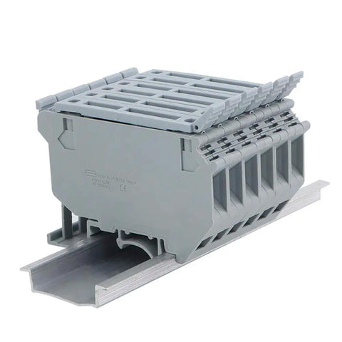 Side view of gray LED Indicated DIN Rail Fuse Holders And Disconnect Terminal Blocks With Screw Clamp, 24V DC, on a DIN rail