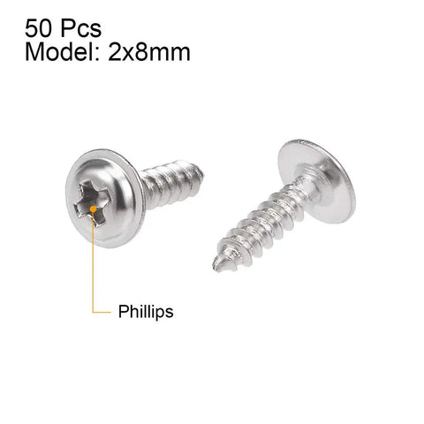 Close-up of Badass 304 Stainless Steel 50 Pack 2X8mm Self Tapping Screws Phillips Pan Head Design for DIY projects.