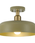 Modern Flush Mount Ceiling Light Fixture With Matte White Dome Shade, 11.8 Inches, E26 Socket, side view, olive green tone