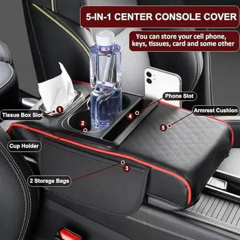 Waterproof Faux Leather Armrest Box Mat With Dual Cup Holders, Phone Slot, Tissues, Side Pockets, Elastic Straps, And Absorbent Cup Coaster, Quilted Elbow Rest For Long Drives, Keeps Your Ride Clean, Organized, And Comfy. 5-in-1 center console cover with phone slot, tissue box slot, cup holder, and storage bags