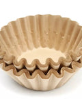 Close-up of natural unbleached brown biodegradable extra large coffee filters for 10 to 15 cup baskets, stacked, 100 count.