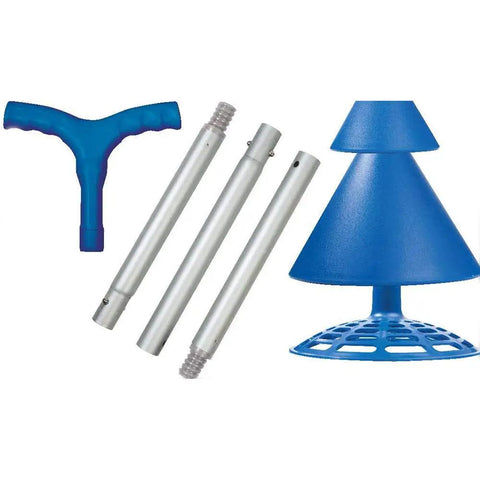 Total Game Changer Portable Manual Clothes Agitator And Handheld Laundry Scrubber parts including blue handle and aluminum rods.