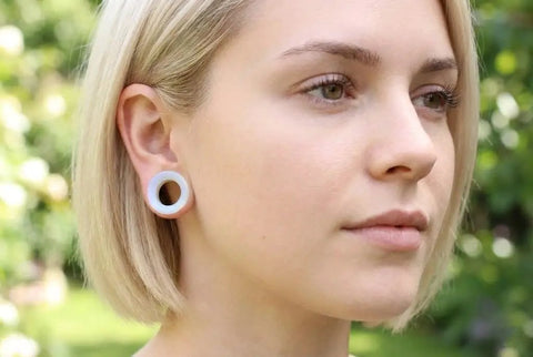 Opalite Organic Stone Hollow Tunnel Ear Gauges Set In White Dope Double Saddle Beveled Center Flesh Plugs, Hollow Earlobe Tunnels, Sold In Pairs, 10mm To 00 Gauge