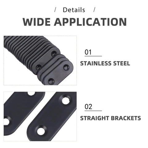 Close-up of Beefy Stainless Steel Flat Corner Brackets Set 12 Pack with black finish for reinforcing and attaching panels.