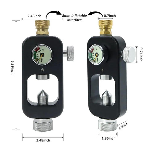 DIN Valve Scuba Adapter And PCP Paintball Fill Kit With 4500 PSI Air Hose close-up, showing gauge, connectors, and dimensions.