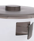 Close-up of wall mounted automatic cat feeder with a 4-liter bin, showing the removable lid and food dispensing door.