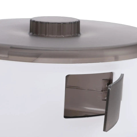Close-up of wall mounted automatic cat feeder with a 4-liter bin, showing the removable lid and food dispensing door.