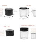 Herb Grinder Containers Multipurpose All In One Durable Metal Spice Mill With Stash Jar For Grab And Go Airtight Sealable Containers Two Point Two Inch Sharpstone Grinder With Accessories And Carrying Pouch Storage Case Included showing grinder and jars dimensions.