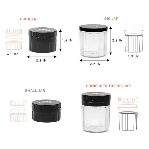 Herb Grinder Containers Multipurpose All In One Durable Metal Spice Mill With Stash Jar For Grab And Go Airtight Sealable Containers Two Point Two Inch Sharpstone Grinder With Accessories And Carrying Pouch Storage Case Included showing grinder and jars dimensions.