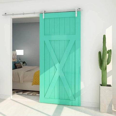 Heavy Duty Sliding Barn Door Hardware Kit Stainless Steel Track System For 24 Inch Wide Wood Door Easy Install With I Shape Hangers 220 LB Capacity Anti Rust Includes Rail Connectors Rollers Stops Floor Guide with turquoise door installed