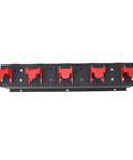 Heavy Duty Wall Mounted Spray Bottle Rack with 5 red plastic hooks for car wash detailing tools on black steel frame.