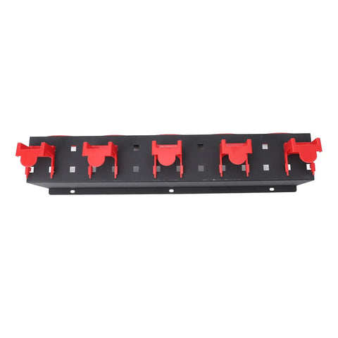 Heavy Duty Wall Mounted Spray Bottle Rack with 5 red plastic hooks for car wash detailing tools on black steel frame.