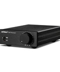 Front view of TPA3255 Class D Stereo Amplifier 300W Per Channel X2 HiFi Beefy Power Amp for desktop or bookshelf speakers, black design.