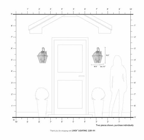 Diagram showing installation of Westover 2-Light Outdoor Wall Lantern In Antique Brass, Old-School Style beside a door
