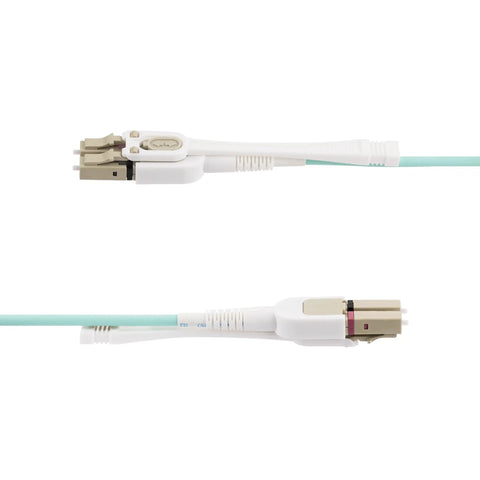 OM4 Push-Pull Fiber Cable 10ft 3m LC to LC for High-Density Setups With Retractable Connectors, EMI Shielded, Supports Up To 100Gbps Networking, Toolless Polarity Swap For Easy Insertion And Removal, OM4 multimode LC connectors shown close up