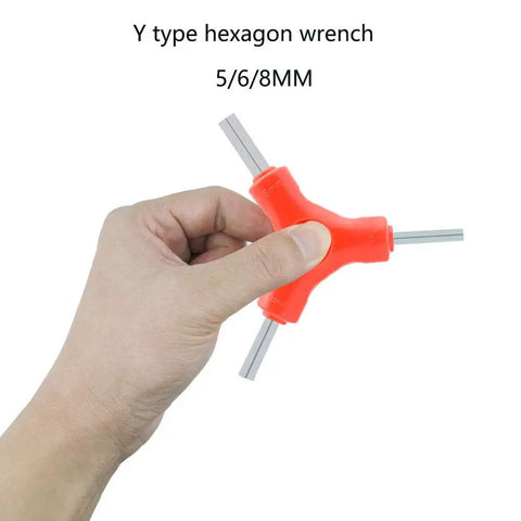 Y Shaped Bicycle Wrench Tool Set for Quick Bike Repairs with External Three Way Hex Wrenches 5 6 8 Mm held in hand