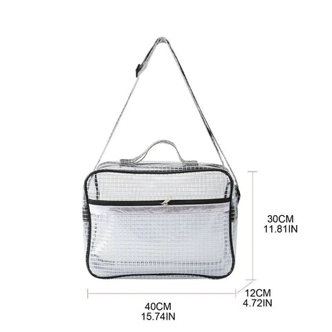 Rugged Anti Static Pvc Engineer Bag Waterproof Crossbody Shoulder Satchel Transparent Tool Organizer front view with dimensions