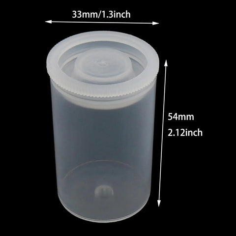 Clear Plastic Film Canister Set 33mm Outer Diameter, 20 Pack For Stash Worthy Storage Containers Of Small Items, shown with size measurements.