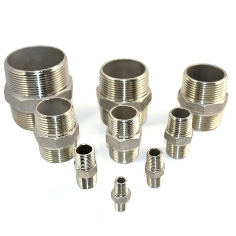 Various sizes of stainless steel 304 hex nipples, including One And A Quarter Inch NPT Male Threaded Hex Nipple Quick Coupler Pipe Fitting.