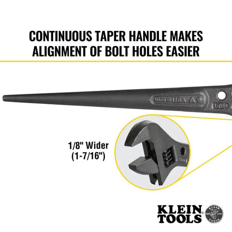 Extra Wide Adjustable Wrench for Heavy Nuts and Bolts by Klein Tools, 10 Inch Spud Wrench With Tether Hole, close-up view