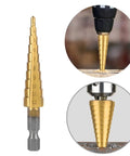Heavy Duty Hss Straight Groove Step Cone Drill Bit Set For Wood And Metal shown in use drilling wood and metal surfaces.