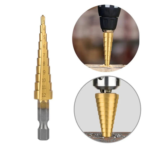Heavy Duty Hss Straight Groove Step Cone Drill Bit Set For Wood And Metal shown in use drilling wood and metal surfaces.