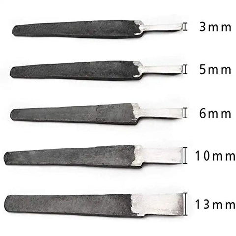 Adjustable Wooden Hand Plane With Double Handle Rabbet Scraper And Five Razor Sharp High Speed Steel Blades detailing five blades from 3mm to 13mm.
