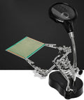 Desktop LED Magnifying Glass Soldering Station With Dual 3.5X And 12X Magnification Ideal For PCB Repairs Jewelry Cleaning And Hobby Crafts Bright Lighting And Sturdy Alligator Clips on black background with PCB holder and spiral base.