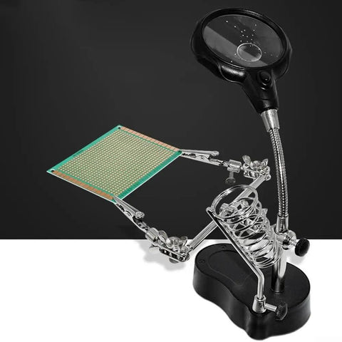 Desktop LED Magnifying Glass Soldering Station With Dual 3.5X And 12X Magnification Ideal For PCB Repairs Jewelry Cleaning And Hobby Crafts Bright Lighting And Sturdy Alligator Clips on black background with PCB holder and spiral base.
