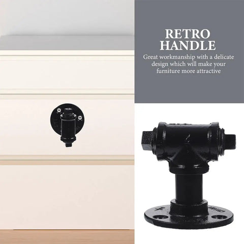 Industrial Vintage Iron Pipe Cabinet Handles Two Pack Retro Open Plan Style Cupboard Door Pulls installed on drawer in black.