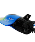 Close-up of blue Mini RC Submarine Boat Remote Control Waterproof Diving Toy with tail fins and propeller visible.