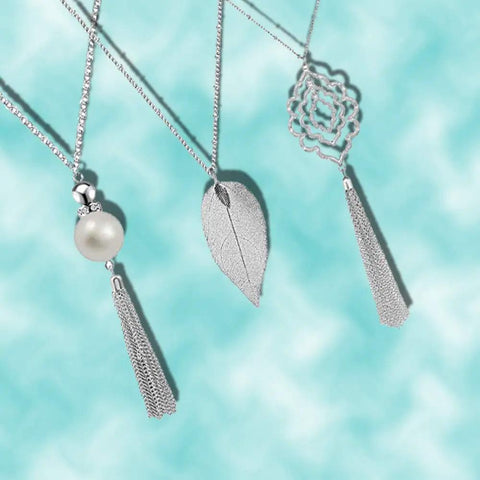 Six Piece Long Pendant Necklace Set For Women With Tassel, Knot, Disk And Circle Designs In Gold Tone, Statement Layering Jewelry