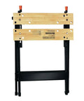 Front view of Pro-Grade Portable Workbench With 350-Pound Capacity, Foldable Steel Frame, Wooden Vise Jaws, Adjustable Swivel Pegs.
