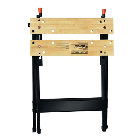 Front view of Pro-Grade Portable Workbench With 350-Pound Capacity, Foldable Steel Frame, Wooden Vise Jaws, Adjustable Swivel Pegs.