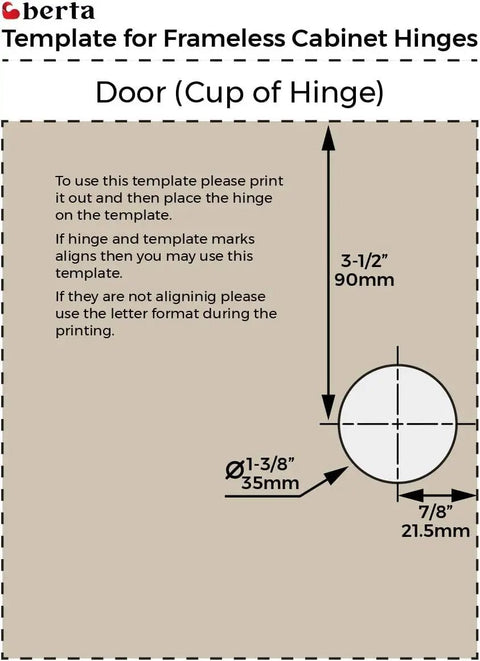 Hinge installation template showing dimensions for 4 Pack Inset Frameless Soft Close Hinges With 3D Adjustable Clip On Concealed European Hinges.