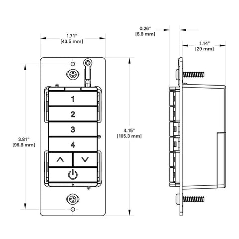 Diagram of Smart Battery-Powered Multi-Room Scene Keypad For Home Lighting, White, Bluetooth Enabled, Easy Setup, dimensions shown