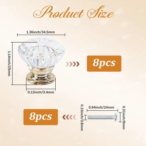 Upgraded Acrylic Crystal Cabinet Knobs And Drawer Pulls Featuring Slick Golden Diamond Cut Single Hole Furniture Hardware Kit Includes Heavy Duty Mounting Screws For Your Next Room Glow Up size dimensions and screws included