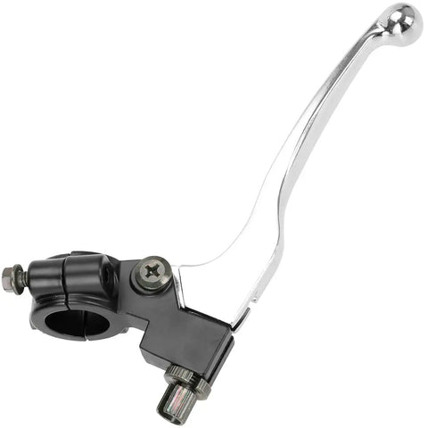 Left Brake Handle Clutch Lever Perch for Mini Bikes and Dirt Bikes, silver and black finish, front side view.