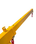 Heavy Duty Forklift Jib Boom Crane Attachment 4400 Lbs Capacity Manual Telescoping Boom with dual hooks view showing yellow steel arm.