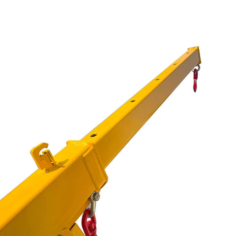 Heavy Duty Forklift Jib Boom Crane Attachment 4400 Lbs Capacity Manual Telescoping Boom with dual hooks view showing yellow steel arm.