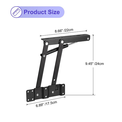 Front view of uxcell 2-piece black metal lift-up coffee table mechanism with gas springs; 8.66 in top, 9.45 in height.