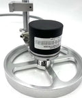 Close-up of the rotary encoder drum for the Dead On Accurate Perimeter Wheel Length Measuring Meter Counter with aluminum housing.