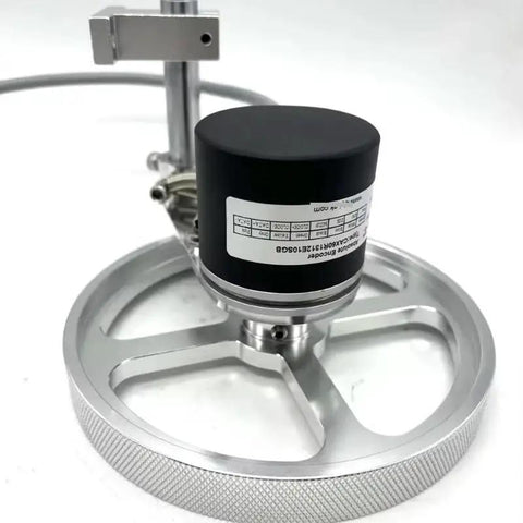 Close-up of the rotary encoder drum for the Dead On Accurate Perimeter Wheel Length Measuring Meter Counter with aluminum housing.