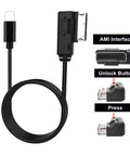 2 In 1 AMI Music Interface Charger And AUX Adapter For MB COMAND NTG4.5 Media Interface Plug And Play Dual Function Cable For Mercedes Benz With NTG 4.5 Compatible With iPhone 14 13 12 Pro Max 11 XS Max XR 3.3 Ft showing cable detail and unlock button