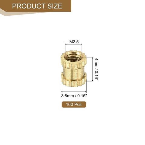 Dope M2.5 Knurled Brass Insert Nuts 4mm Long, 3.8mm Outer Diameter, dimensions shown, 100 Pack